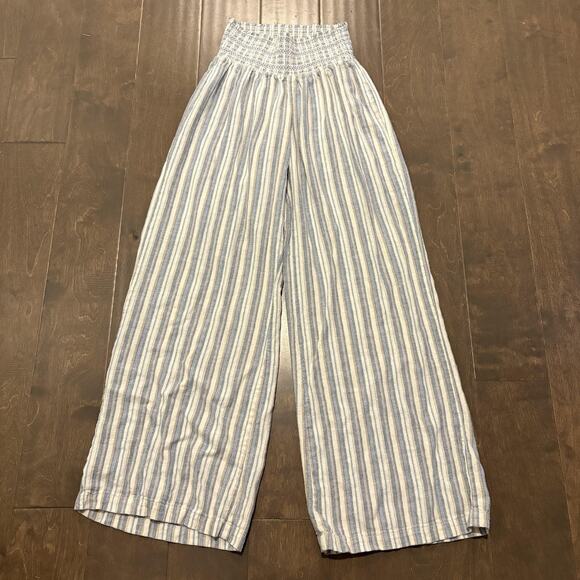 Rewash Pants Womens Medium Blue White Striped Linen Blend Smocked Waist Wide Leg - Picture 1 of 14